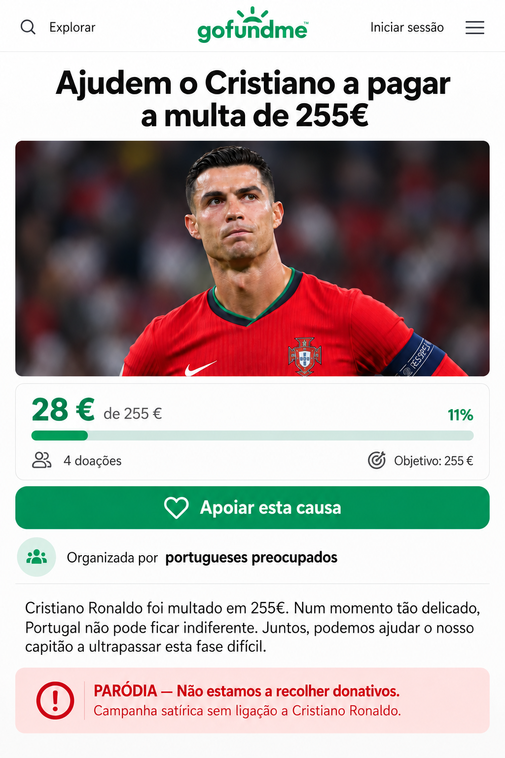 Campanha satírica sobre uma multa de 255 euros. Marcado claramente como paródia.
